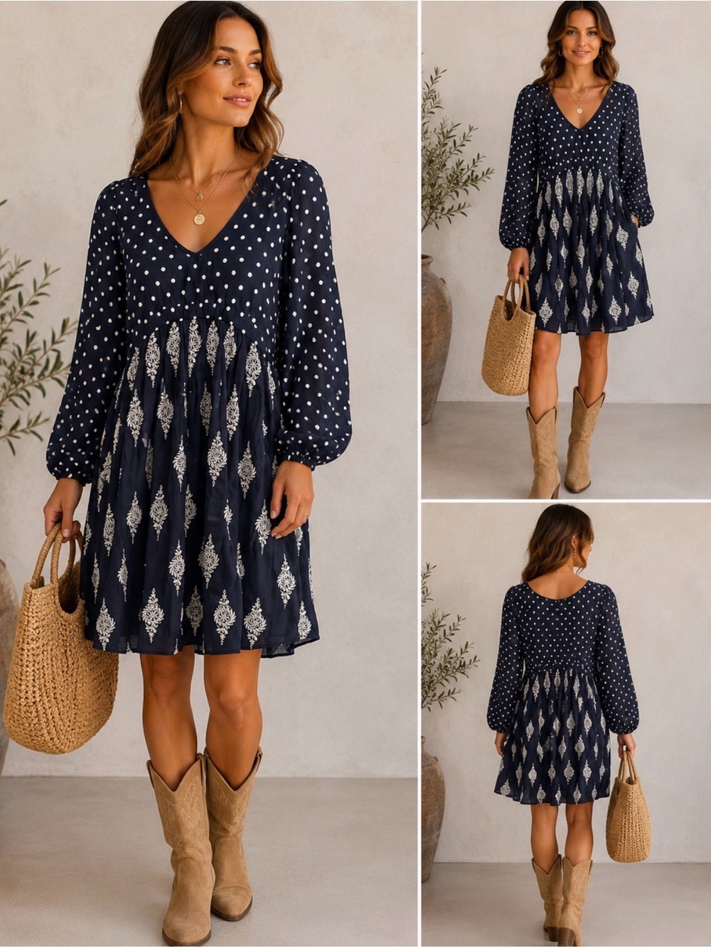 Talisman Gaia Navy Embroidered Swiss Dot Boho Mini Dress XL -NWT